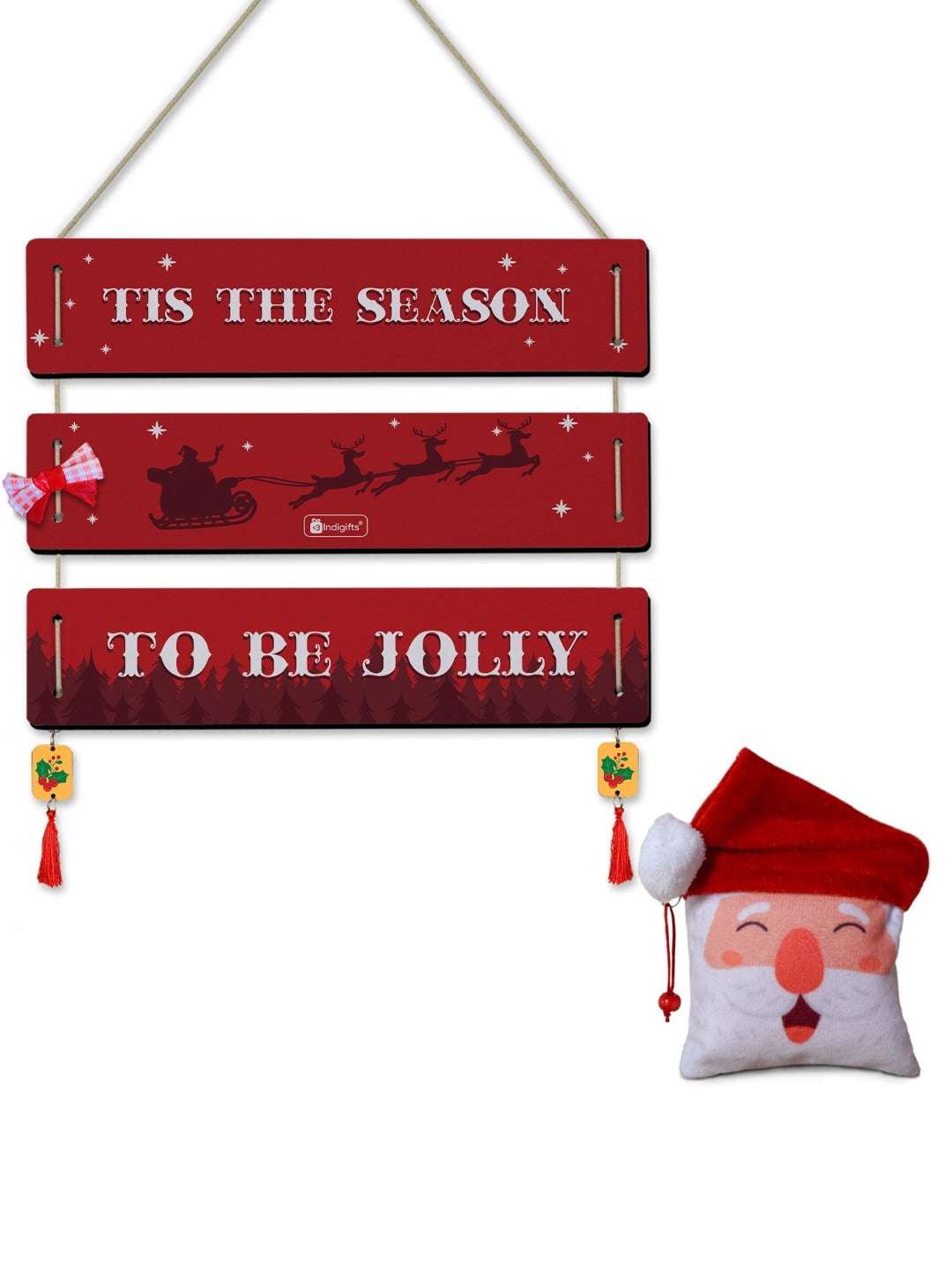 Christmas Decoration Gift Quotes Printed Red 3 Panel Hanging, Cherry Hanging, Ribbon Bow and Revesible Santa Soft Toy