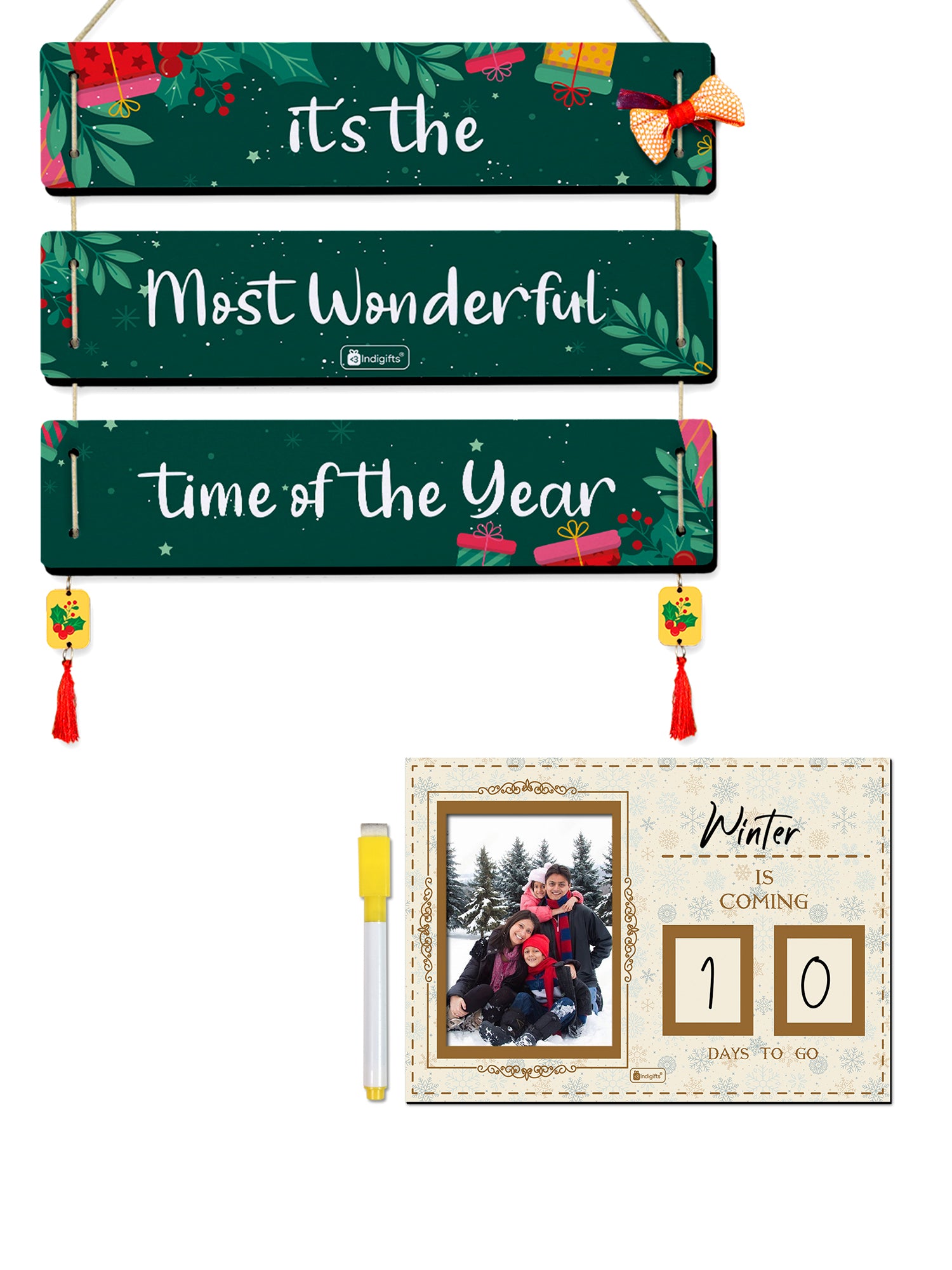 TIS the Season to Be Jolly Quotes Printed 3 Panel Wall Hanging and Brown Fridge Magnet