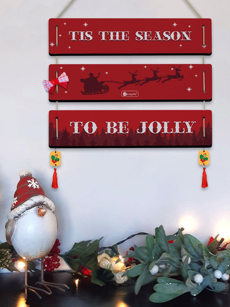 Xmas Gift It's the Most Wonderful Time of the Year Quotes Printed 3 Panel Wall Hanging and Brown Christmas Fridge Magnet