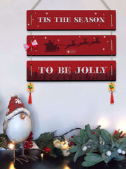 Christmas Decoration Gift Quotes Printed Red 3 Panel Hanging, Cherry Hanging, Ribbon Bow and Revesible Santa Soft Toy