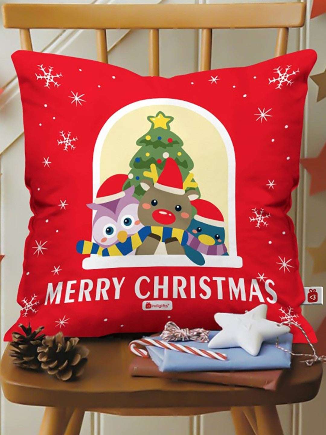 Christmas Cushion Covers Merry Christmas Characters Printed Set of 5 Red Pillow Covers 12X12 Inches with Filler and Revesible Santa Soft Toy