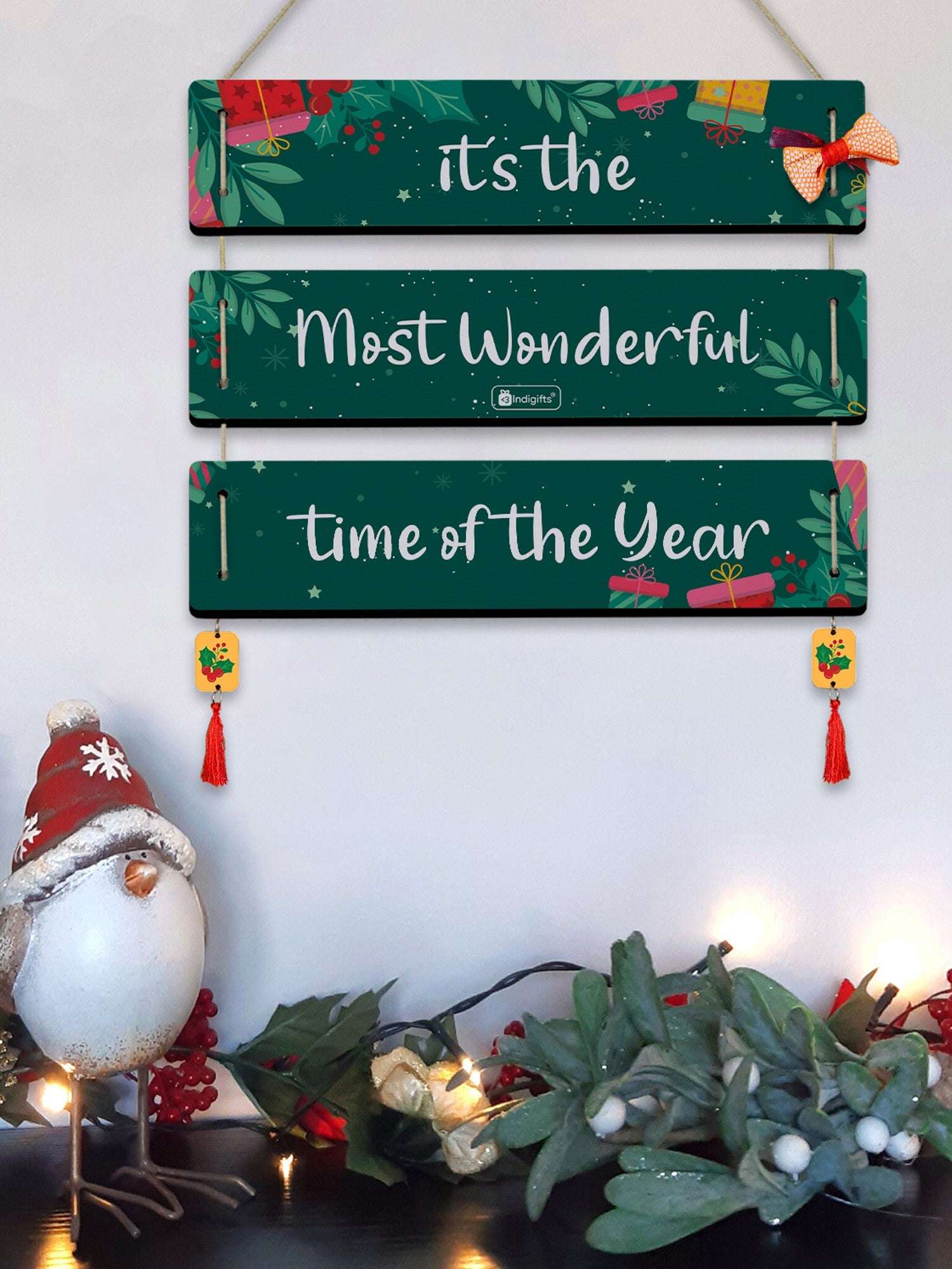 Christmas Decoration Gift Quotes Printed Teal 3 Panel Hanging, Cherry Hanging, Ribbon Bow and Revesible Santa Soft Toy