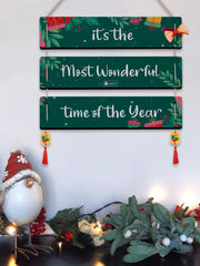 TIS the Season to Be Jolly Quotes Printed 3 Panel Wall Hanging and Brown Fridge Magnet