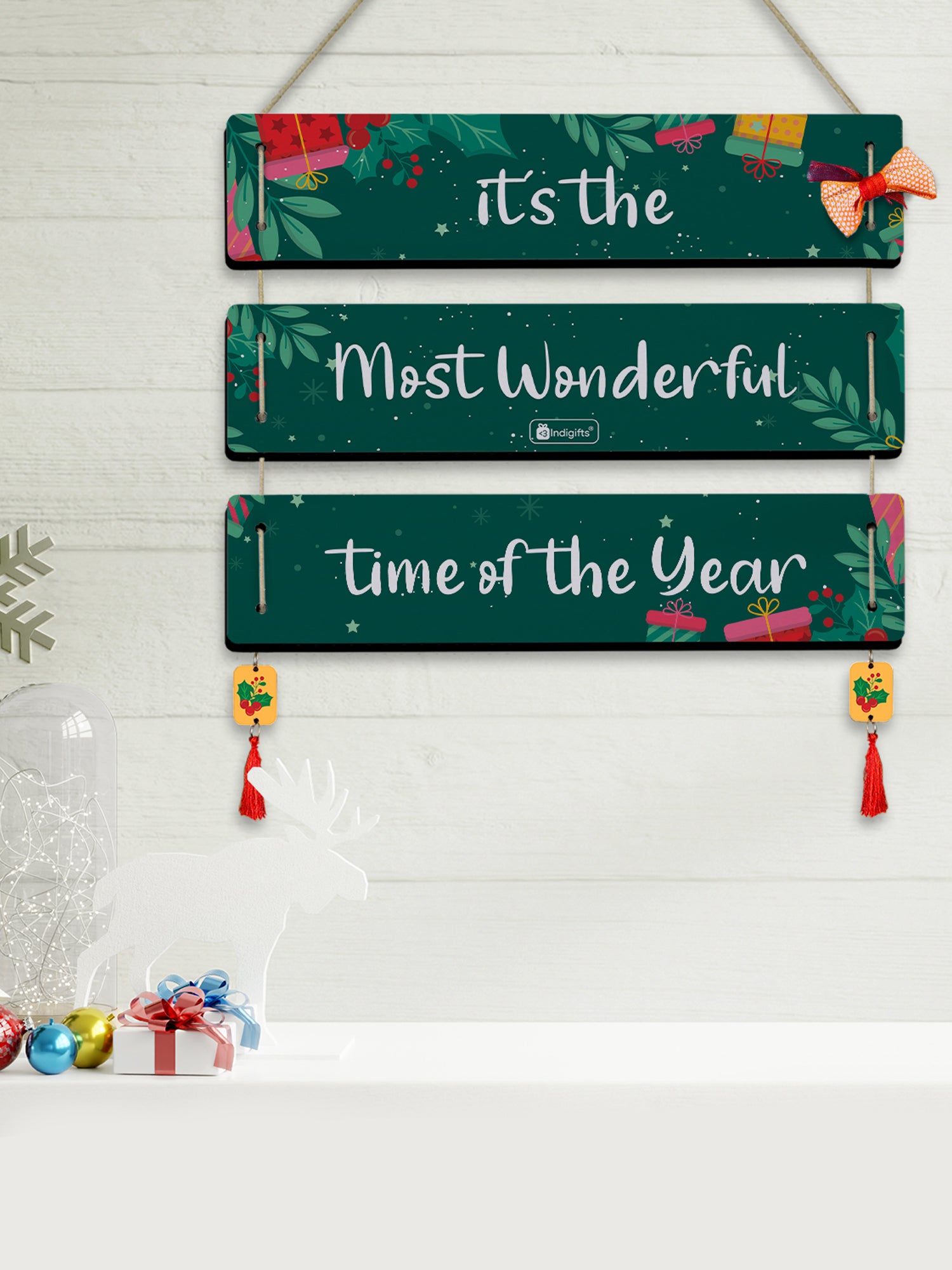 TIS the Season to Be Jolly Quotes Printed 3 Panel Wall Hanging and Brown Fridge Magnet