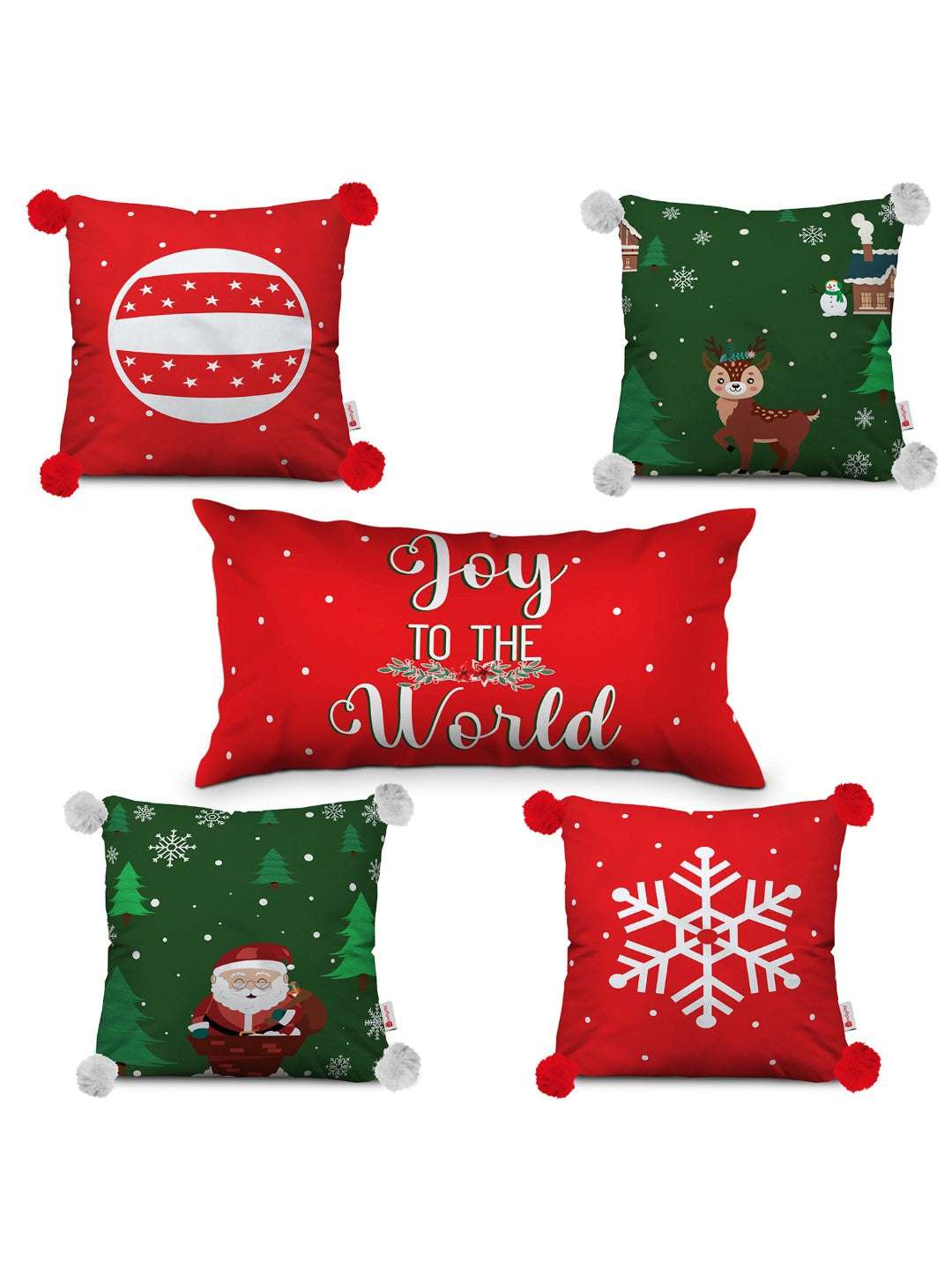 Christmas Gift Hamper Joy Of the Word Quotes Printed Reversible Cushion Set Of 5, Red, Green, White