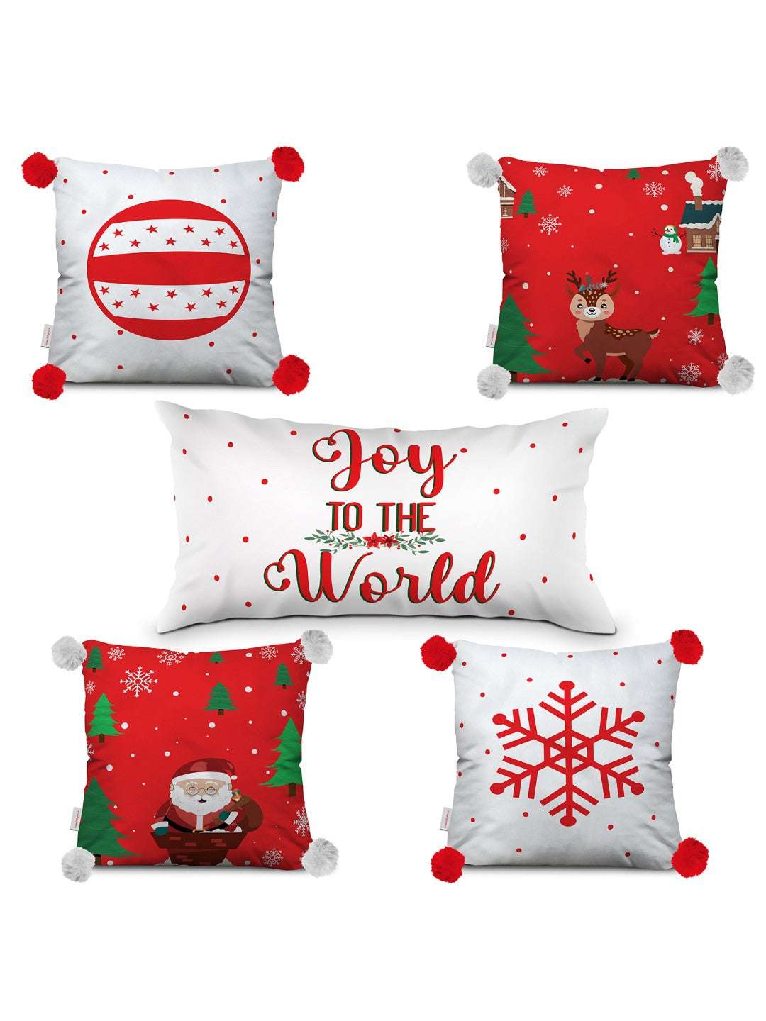 Christmas Gift Hamper Joy Of the Word Quotes Printed Reversible Cushion Set Of 5, Red, Green, White