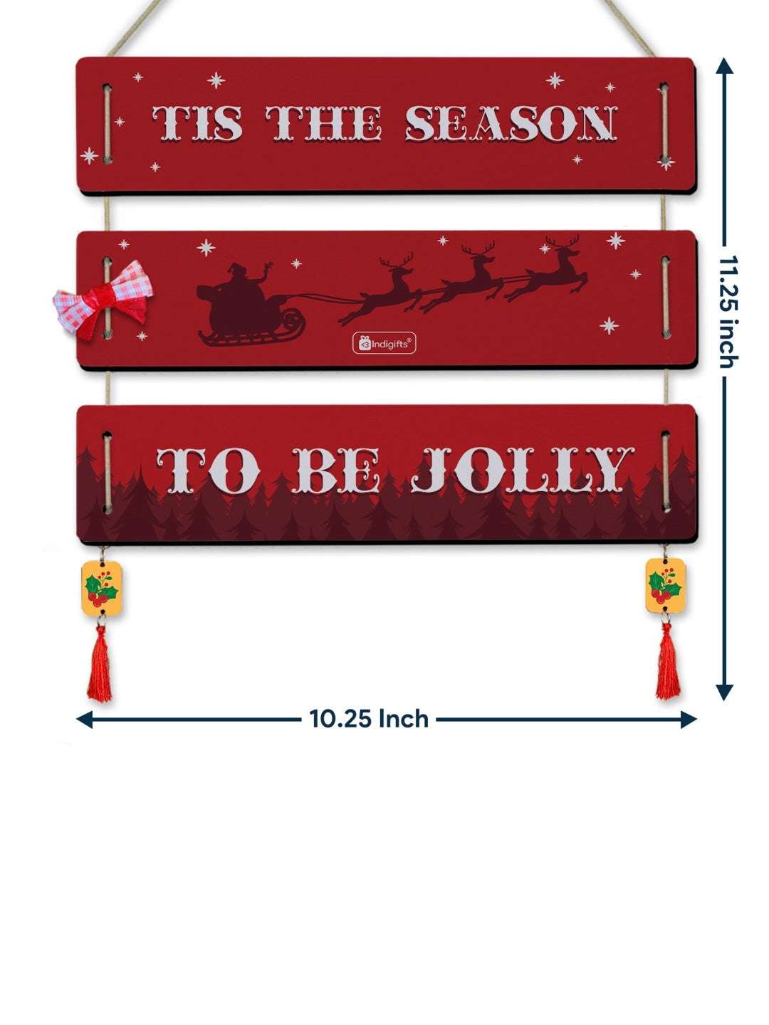 Christmas Decoration Gift Quotes Printed Red 3 Panel Hanging, Cherry Hanging, Ribbon Bow and Revesible Santa Soft Toy