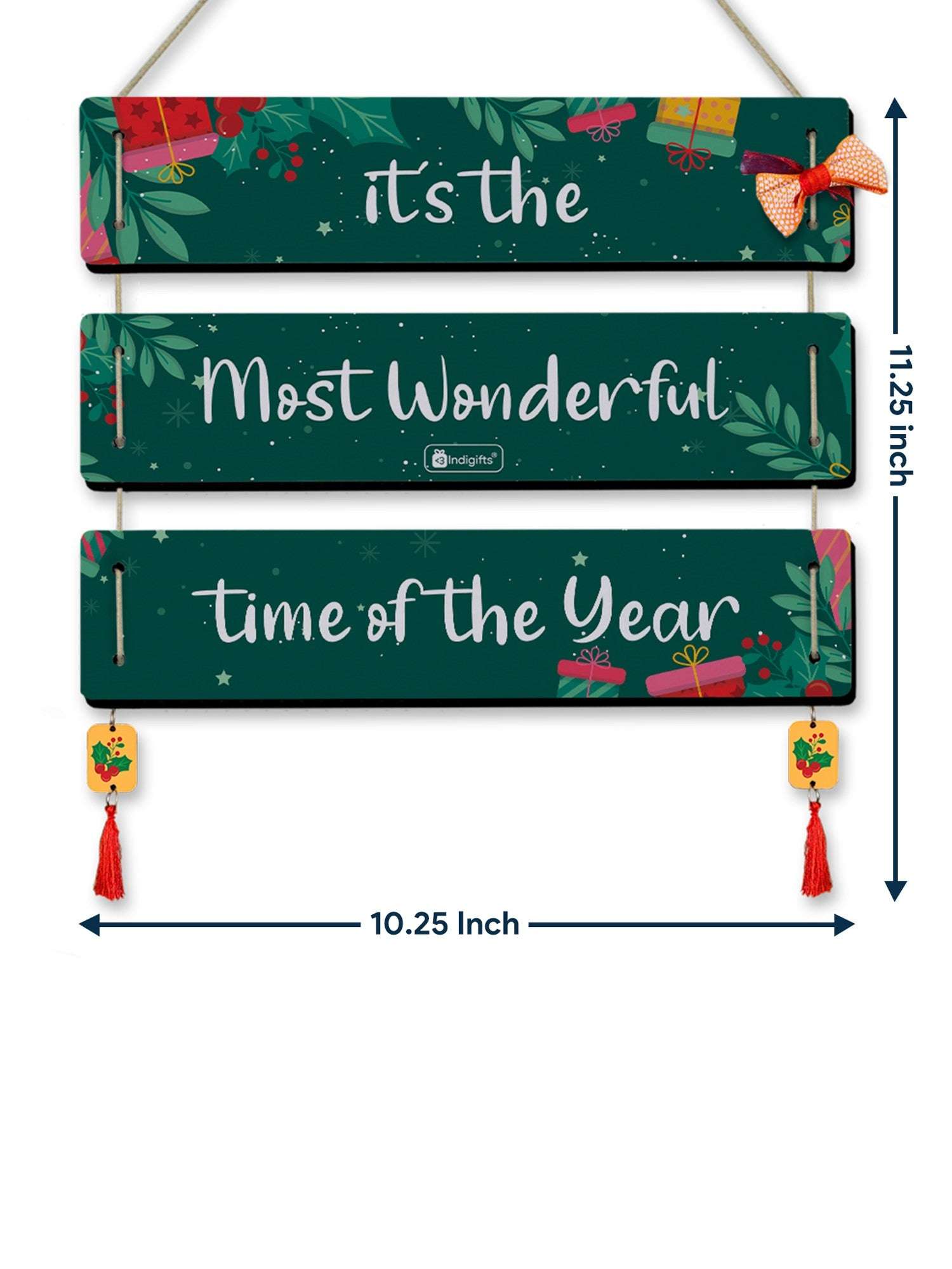 Christmas Decoration Gift Quotes Printed Teal 3 Panel Hanging, Cherry Hanging, Ribbon Bow and Revesible Santa Soft Toy