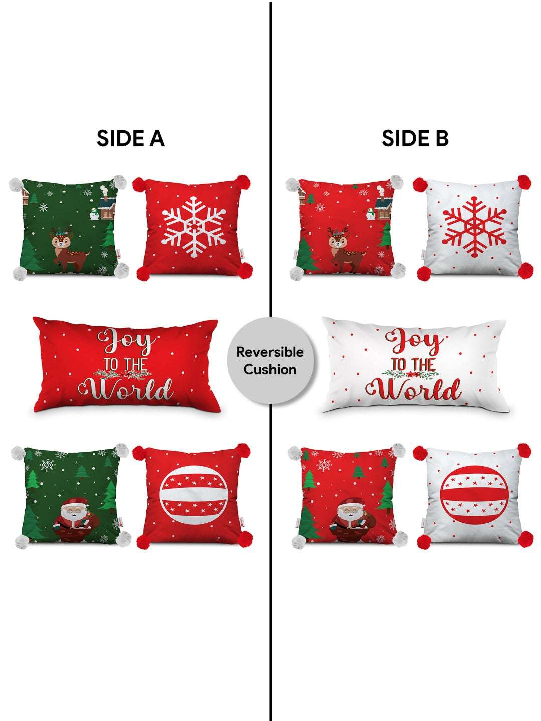 Christmas Gift Hamper Joy Of the Word Quotes Printed Reversible Cushion Set Of 5, Red, Green, White