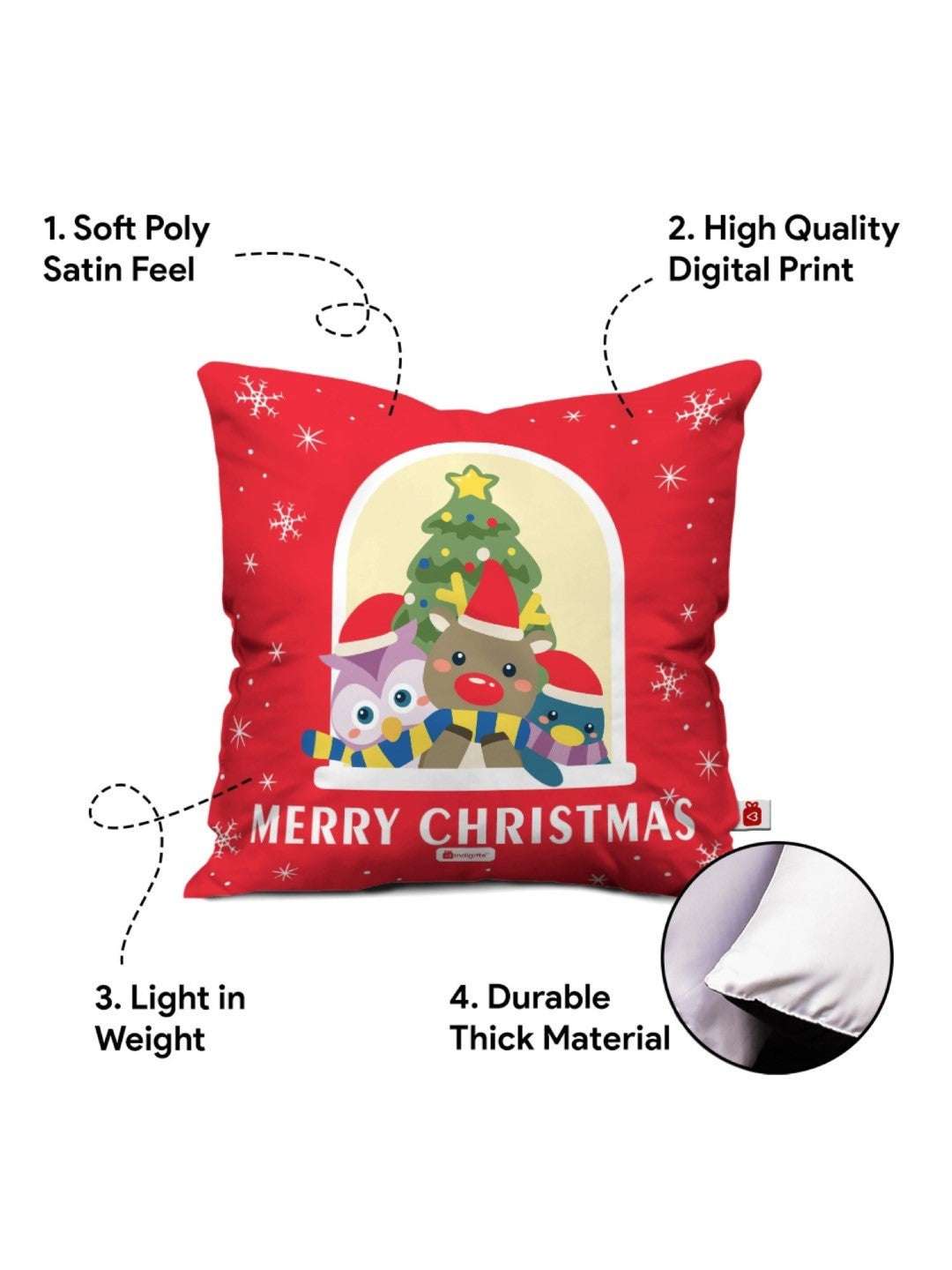 Christmas Cushion Covers Merry Christmas Characters Printed Set of 5 Red Pillow Covers 12X12 Inches with Filler and Revesible Santa Soft Toy