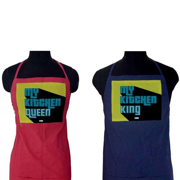 My Kitchen King &amp; Queen Printed Blue Apron For Husband and Wife
