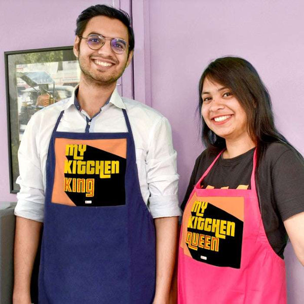 My Kitchen King &amp; Queen Printed Yellow Apron For Husband and Wife