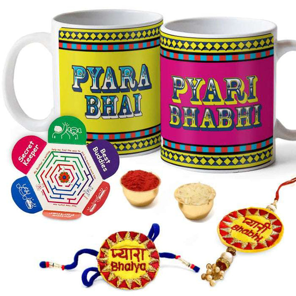 Pyara Bhai &amp; Bhabhi 2 Mugs with Bhaiya Bhabhi Embroidery Rakhi Combo