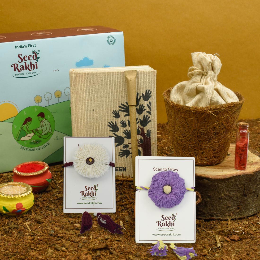 Bhindi, Amaltash &amp; Brinjal Seed Rakhi - Set of 2 Rakhi With Planter, Diary &amp; Pen