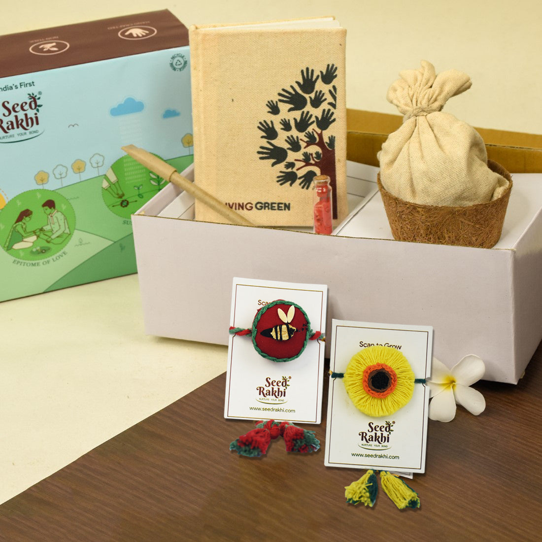 Amaranthus &amp; Purslane, Karela &amp; Cucumber Seed Rakhi - Set of 2 Rakhi With Planter, Diary &amp; Pen