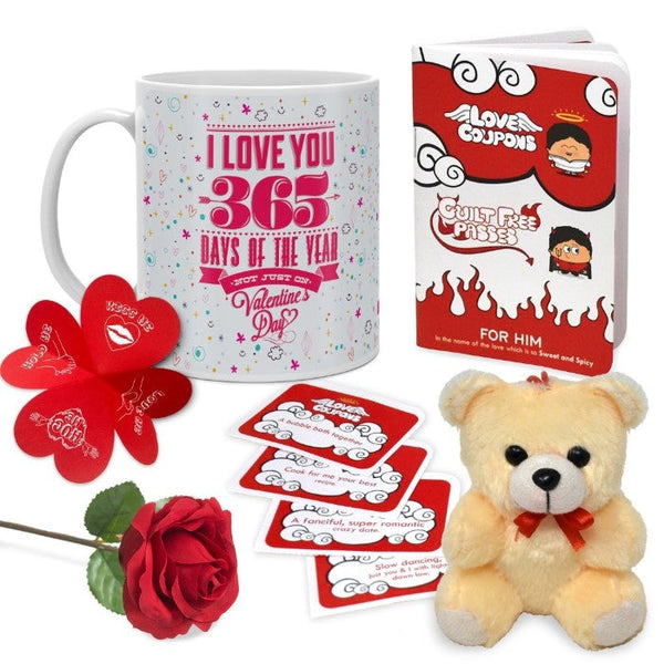 Love 365 Days Coffee Mug, Coupon Book, Small Teddy, Rose &amp; Greeting Card For Couples
