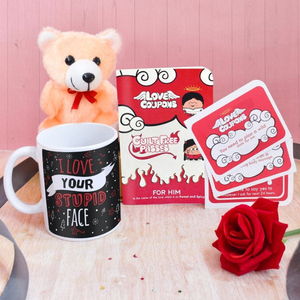 Love Your Stupid Face Coffee Mug, Coupon Book, Small Teddy, Rose &amp; Greeting Card For Couples