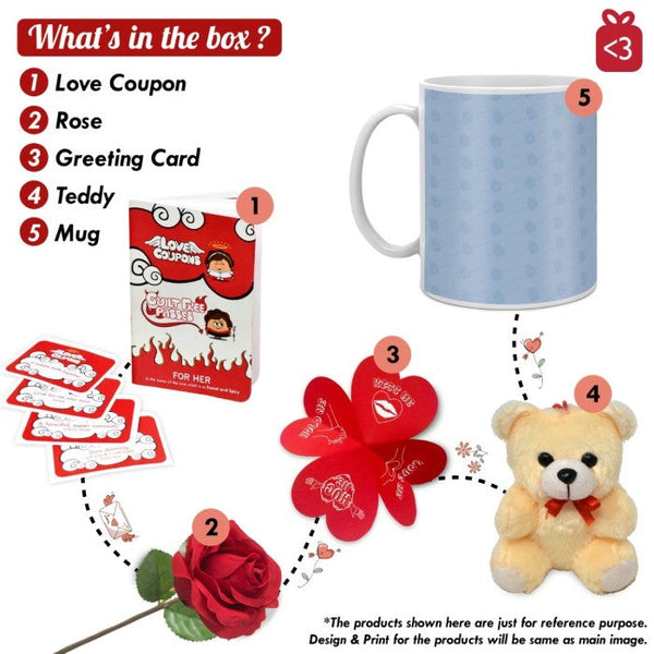 Kiss Me With No Regrets Coffee Mug, Coupon Book, Small Teddy, Rose &amp; Greeting Card For Couples