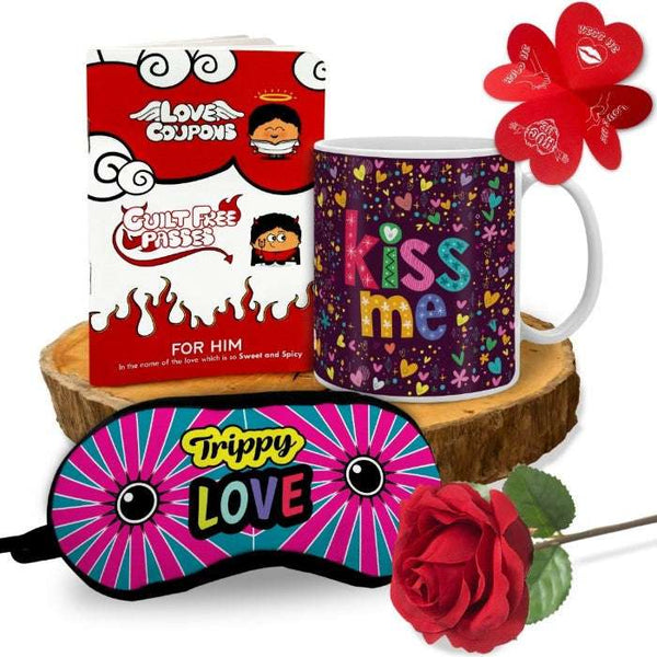 Kiss Me Printed Mug and Eyemask Duo with Couple's Guilt-Free Passes - Valentine's Gift for Boyfriend