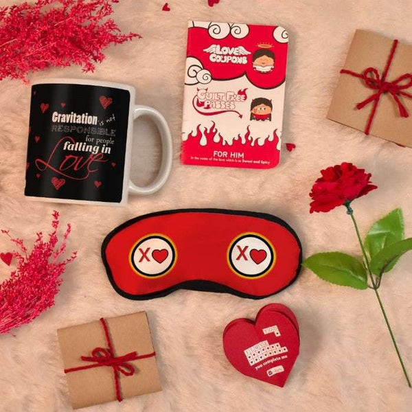 Falling In Love Printed Mug and Eyemask Duo with Couple's Guilt-Free Passes - Valentine's Gift for Boyfriend