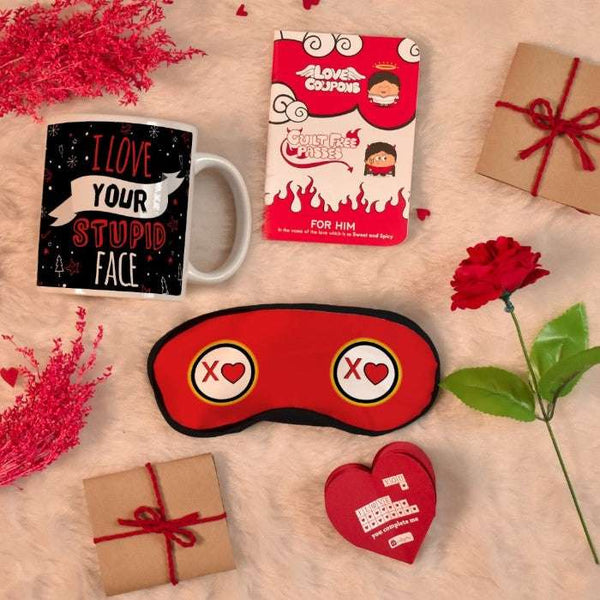 I Love Your Stupid Face Printed Mug and Eyemask Duo with Couple's Guilt-Free Passes - Valentine's Gift for Boyfriend