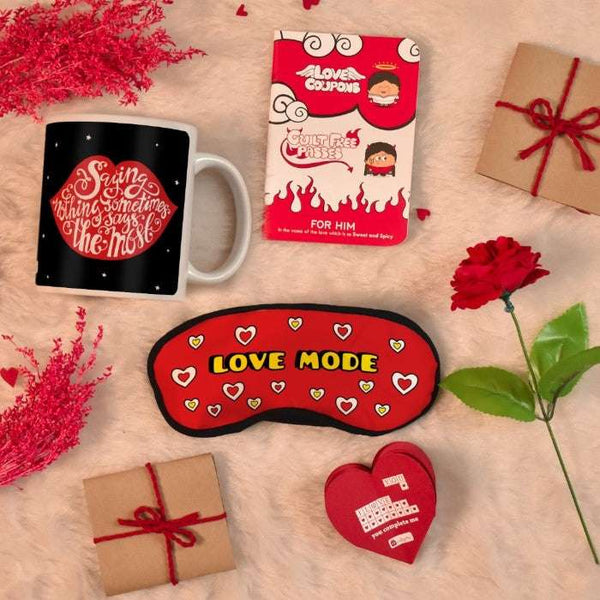 Love Quote Printed Mug and Eyemask Duo with Couple's Guilt-Free Passes - Valentine's Gift for Boyfriend