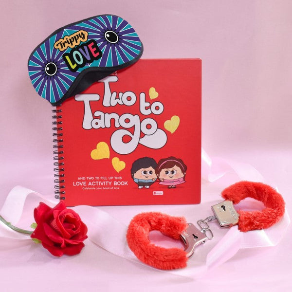 Trippy Love In Blue Eye Mask With Activity Book, Handcuff, Artificial Rose &amp; Greeting Card For Special Valentine's Gift