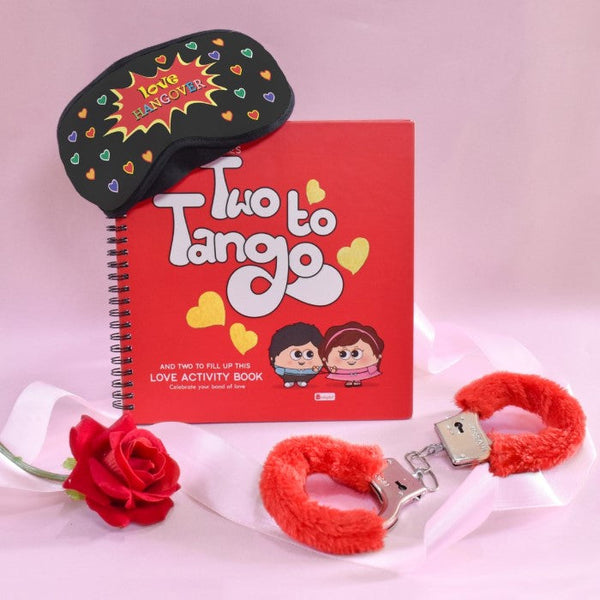 Love Hangover In Black Eye Mask With Activity Book, Handcuff, Artificial Rose &amp; Greeting Card For Special Valentine's Gift