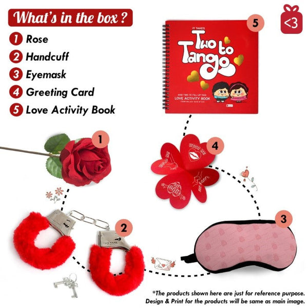Love Hangover In Black Eye Mask With Activity Book, Handcuff, Artificial Rose &amp; Greeting Card For Special Valentine's Gift