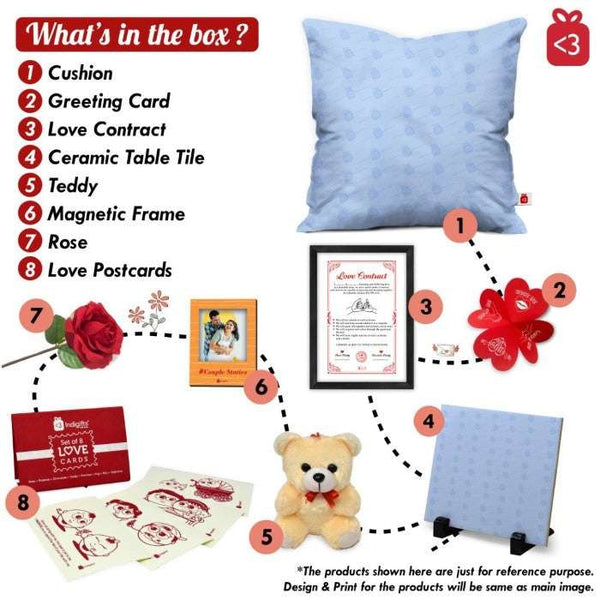 Kiss Me Printed Cushion and Love Message Card with Photo Magnet Valentine Gift Hamper