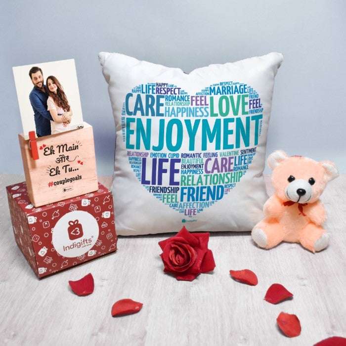 Romentic Lovers Anniversary Special Printed Cushion Cover with Filler, Love Message Card, Wooden Photo Stand, Cute Teddy &amp; Artificial Red Rose