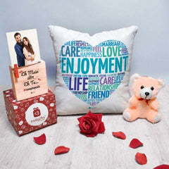 Romentic Lovers Anniversary Special Printed Cushion Cover with Filler, Love Message Card, Wooden Photo Stand, Cute Teddy &amp; Artificial Red Rose