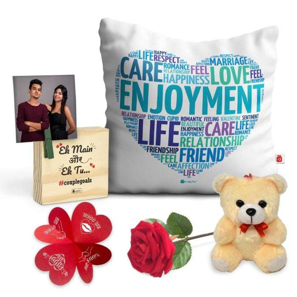 Romentic Lovers Anniversary Special Printed Cushion Cover with Filler, Love Message Card, Wooden Photo Stand, Cute Teddy &amp; Artificial Red Rose