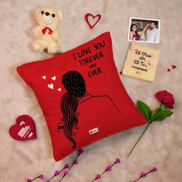 Love Forever Anniversary Special Red Printed Cushion Cover with Filler, Love Message Card, Wooden Photo Stand, Cute Teddy &amp; Artificial Red Rose
