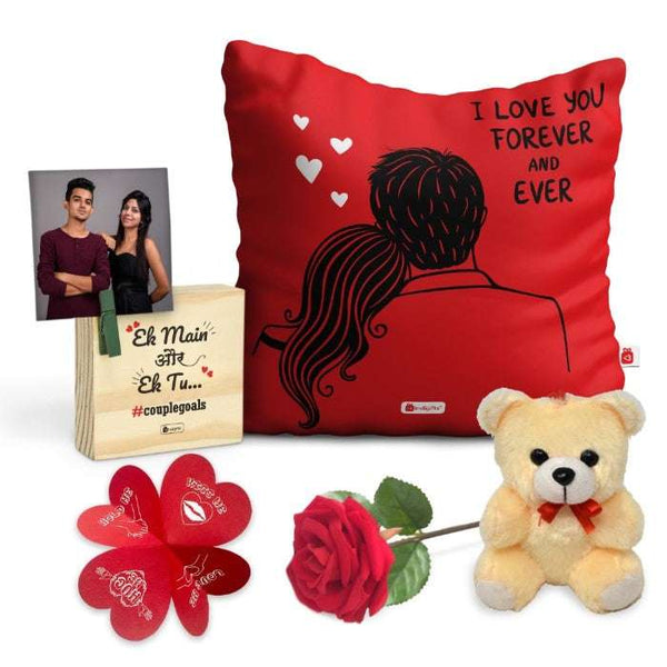 Love Forever Anniversary Special Red Printed Cushion Cover with Filler, Love Message Card, Wooden Photo Stand, Cute Teddy &amp; Artificial Red Rose