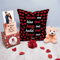 Love Quote Printed Cushion Cover with Filler, Love Message Card, Wooden Photo Stand, Cute Teddy &amp; Artificial Red Rose