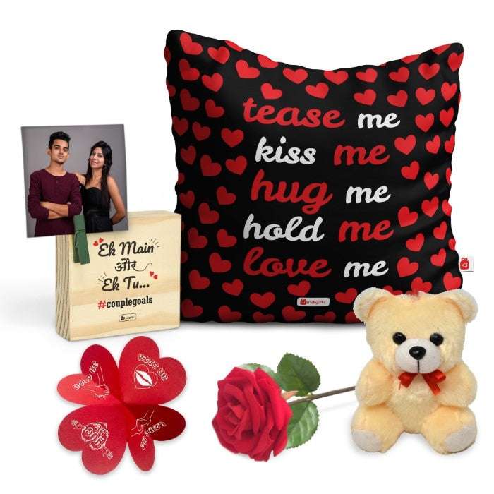 Love Quote Printed Cushion Cover with Filler, Love Message Card, Wooden Photo Stand, Cute Teddy &amp; Artificial Red Rose