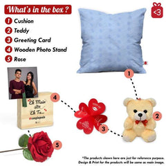 Love Forever Anniversary Special Red Printed Cushion Cover with Filler, Love Message Card, Wooden Photo Stand, Cute Teddy &amp; Artificial Red Rose