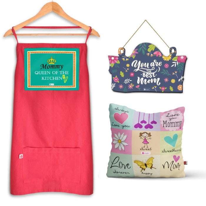 Mummy is Queen of Kitchen Printed Apron with Cushion, wall hanging Gifts for Mother