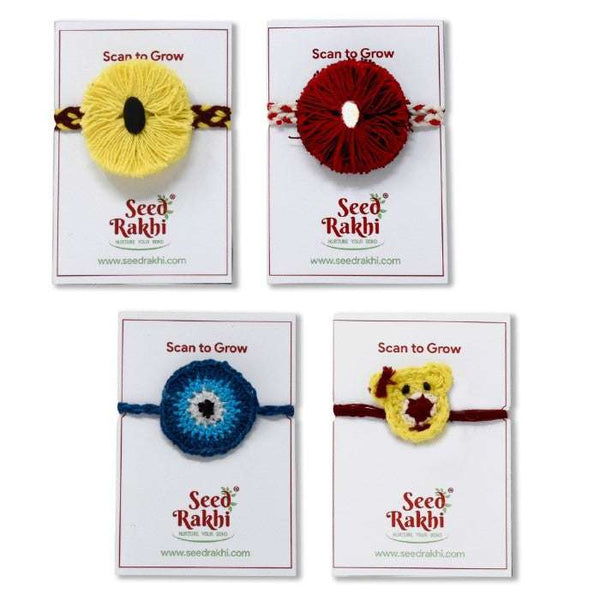 Red, Yellow, Teddy Bear with Bow and Neel Nazar Battu Seed Rakhi Set Of 4