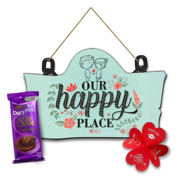 Our Happy Place Printed Wall Hanging With Dairy Milk Silk Chocolate Valentine's Gift