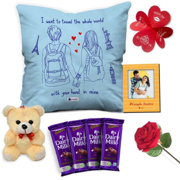 Traveling Love Quote Printed Cushion Cover, Cute Teddy, Wooden Photo Magnet, Rose, Greeting Card, and 4 Cadbury Chocolates Pack