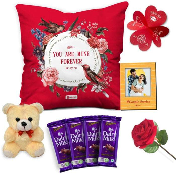 You Are Mine Forever Printed Cushion Cover, Cute Teddy, Wooden Photo Magnet, Rose, Greeting Card, and 4 Cadbury Chocolates Pack