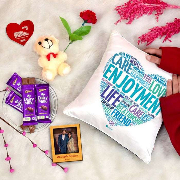 Heart Printed Cushion Cover, Cute Teddy, Wooden Photo Magnet, Rose, Greeting Card, and 4 Cadbury Chocolates Pack
