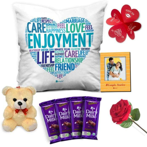 Heart Printed Cushion Cover, Cute Teddy, Wooden Photo Magnet, Rose, Greeting Card, and 4 Cadbury Chocolates Pack