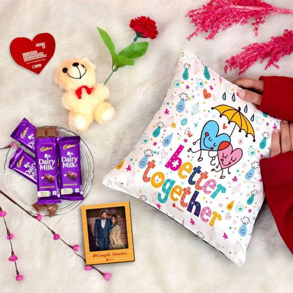 Better Together Printed Cushion Cover, Cute Teddy, Wooden Photo Magnet, Rose, Greeting Card, and 4 Cadbury Chocolates Pack