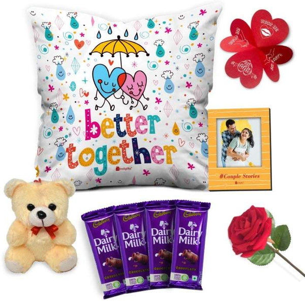 Better Together Printed Cushion Cover, Cute Teddy, Wooden Photo Magnet, Rose, Greeting Card, and 4 Cadbury Chocolates Pack