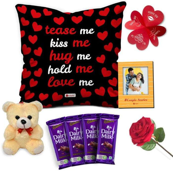 Love Me Printed Cushion Cover, Cute Teddy, Wooden Photo Magnet, Rose, Greeting Card, and 4 Cadbury Chocolates Pack