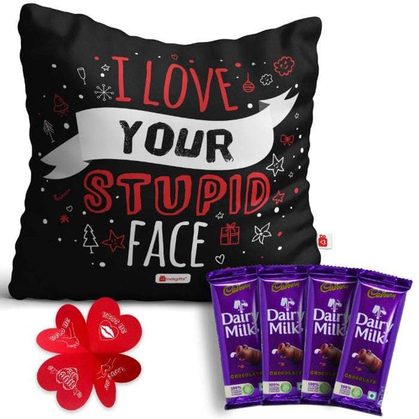 Stupid Face Quote Cushion With Cadbury Dairy Milk Pack of 4 Chocolates