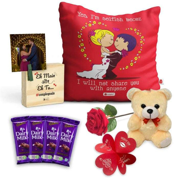 Will Not Share You With Anyone Else Printed Cushion, Photo Stand, Card, Rose, Cute Teddy, and Cadbury Chocolates - Gifts for Love